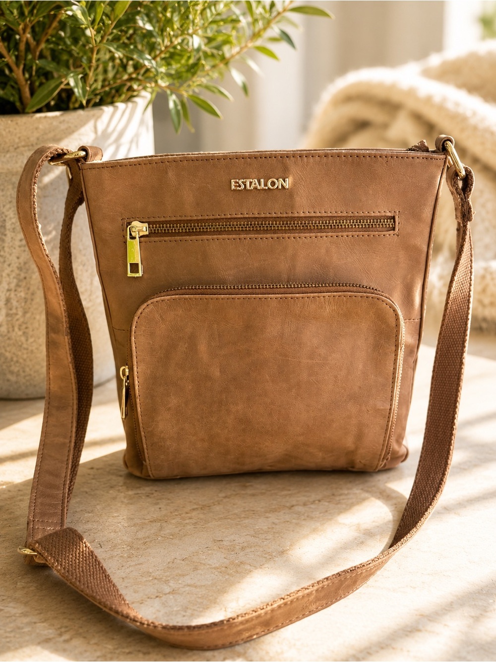 Estalon Genuine Leather Crossbody Bag Brown Multi Pocket Adjustable Strap